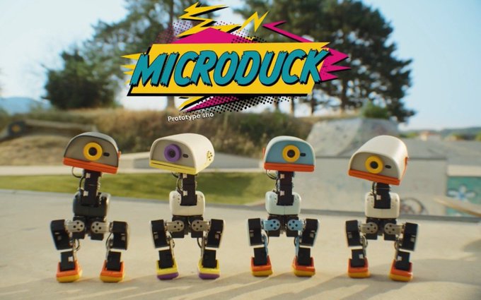Four small robotic duck toys with single eye lenses stand in a row outdoors, with a logo above reading "MICRODUCK Prototype Sho" in a retro comic-style font.