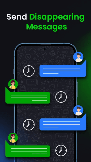 A promotional graphic for a messaging app shows a smartphone with chat bubbles and clock icons, headed by the text "Send Disappearing Messages."