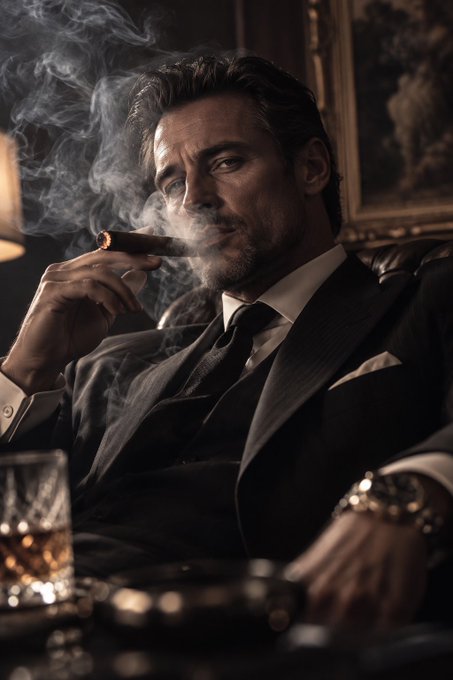 A cinematic portrait of a bearded man in a dark suit smoking a cigar, seated in an elegant room with a whiskey glass in the foreground.