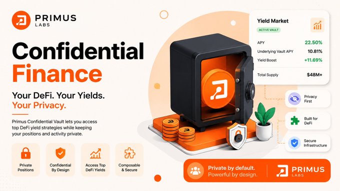 An advertisement for Primus Labs' 'Confidential Finance' DeFi vault, highlighting features like Private Positions, Access Top DeFi Yields, and a 22.50% APY with a $48M+ Total Supply.