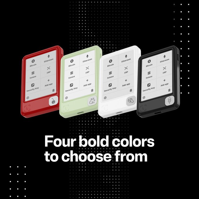 The image features four different colored electronic devices, each with a unique design and screen size. The devices are displayed against a black background, making them stand out prominently. Below the image, there's text that reads "Four bold colors to choose from" followed by an explanation of how to use the devices.