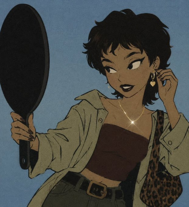 An illustrated portrait of a woman with short dark hair, holding a hand mirror and wearing a heart-shaped earring, with a leopard-print bag over her shoulder.