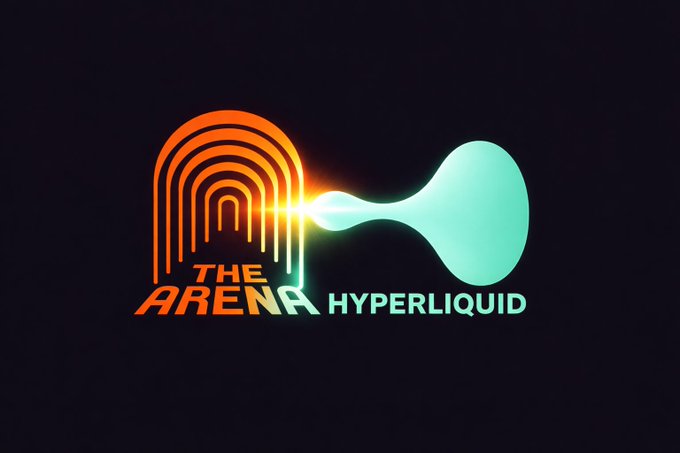 The image displays a stylized logo on a black background featuring an orange-and-yellow rainbow-like arch transitioning into a teal, liquid droplet shape, with the text "THE ARENA" and "HYPERLIQUID" beneath it. This visual branding represents the Hyperliquid exchange and its trading competition, aligning with the post announcing an upgraded perpetual futures system, an $11k cash prize trading competition, and a new toggle feature in settings that lets users hide or reveal their PnL at any time.