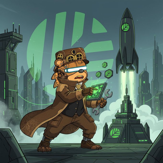 A cartoon-style illustration features a steampunk bear character wearing a brown coat and glowing goggles, holding a holographic tablet and wrench, with a rocket launching from a futuristic city in the background.