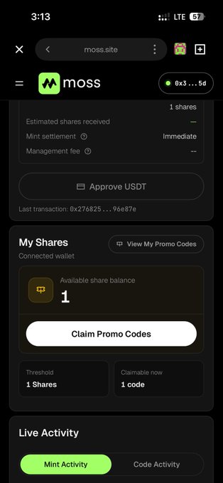 A mobile screenshot of the 'moss.site' webpage showing a 'My Shares' section with 'Available share balance: 1', a 'Claim Promo Codes' button, and 'Approve USDT' option with status '0x3...5d'.