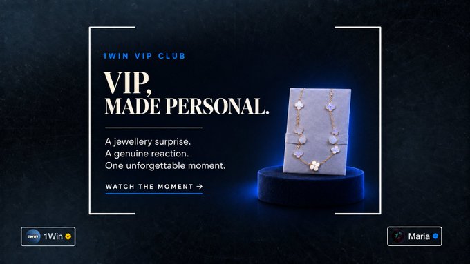 An advertisement for '1WIN VIP CLUB' reading 'VIP, MADE PERSONAL.' with the tagline 'A jewellery surprise. A genuine reaction. One unforgettable moment.' showing a clover necklace on a display.
