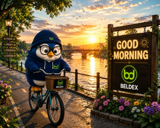 An AI-generated illustration shows a penguin wearing a blue beanie and glasses riding a bicycle along a riverside path at sunrise, next to a wooden "GOOD MORNING BELDEX" sign.