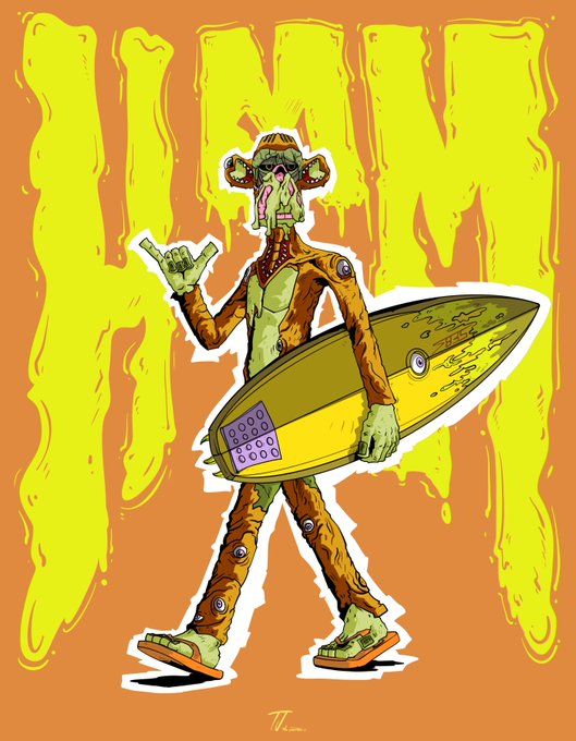 An illustration depicts a green-skinned alien with tentacles around its mouth, wearing a brown patterned suit and sandals, holding a yellow surfboard against a bright yellow background with vertical wavy lines.