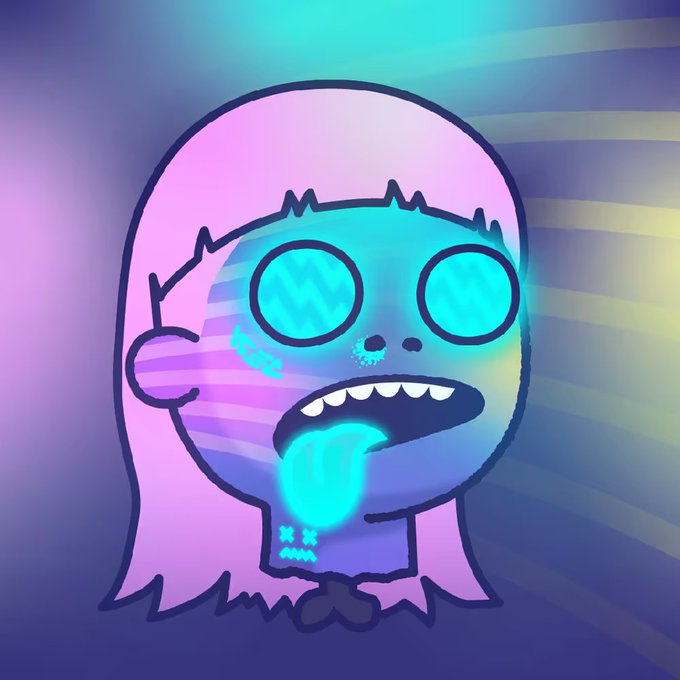 A neon-colored cartoon drawing of a zombie-like girl with pink hair, glowing cyan eyes and mouth, set against a purple and blue gradient background.