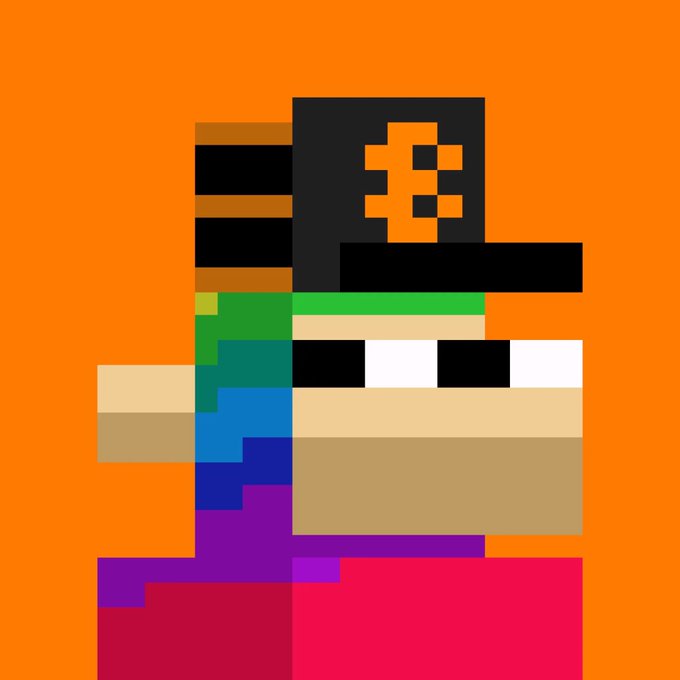 Pixel art character with a black top hat featuring an orange symbol, set against an orange background.