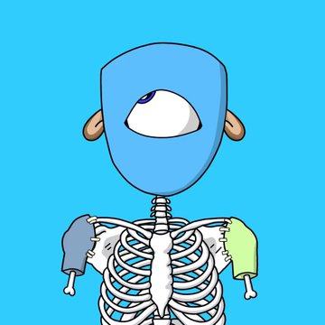A simple digital cartoon drawing of a figure with a blue cylindrical head, a single visible eye, and an exposed white ribcage skeleton against a solid cyan background.