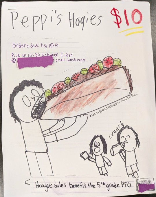 The image is a hand-drawn flyer for "Peppi's Hoagies" priced at $10, with orders due by 10/16 and pickup on 10/30 between 5-6pm in the small lunch room, featuring a cartoon of a person being consumed by an oversized hoagie and two smaller figures enjoying the meal, noting that sales benefit the 5th grade PFO.

The flyer humorously illustrates the post's point about attention as a commodity—the exaggerated, attention-grabbing visuals on this simple school fundraiser poster mirror how $YAP is capitalizing on noise, suggesting that even mundane events (like hoagie sales) require increasingly bold "marketing" to capture focus in an attention economy.