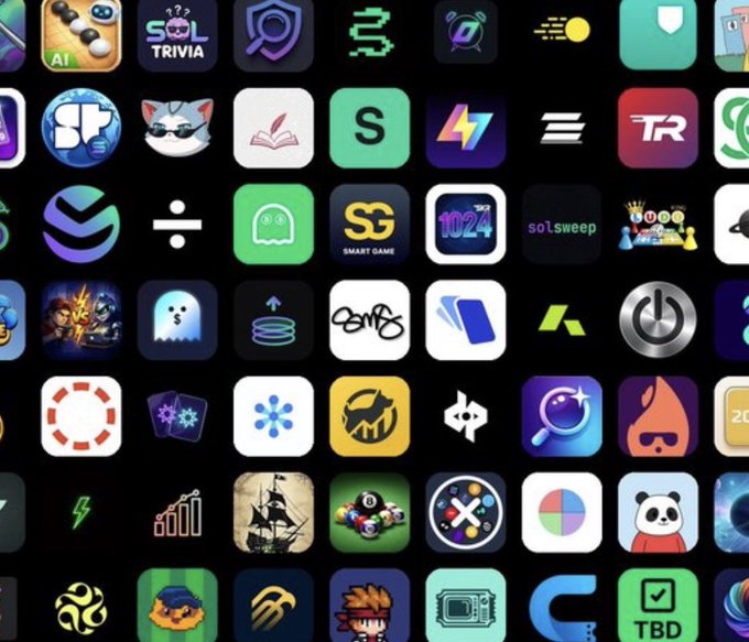 The image features an array of different app icons arranged against a black background. The most prominent icon is a square with the word "solana" written on it, indicating that this is the first 1000 builders to deploy a dApp on @solanamobile Bullish. Another notable icon in the image is a cartoon cat wearing sunglasses and holding a magnifying glass, which appears to be related to the app "smartgame". The rest of the icons include various other app icons such as a magnifying glass, a book, a calculator, and an oven.