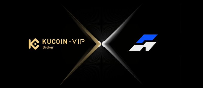 A promotional graphic with a black background featuring the text 'KUCOIN·VIP Broker' in gold on the left and a stylized blue and silver logo on the right, separated by glowing star-shaped designs.