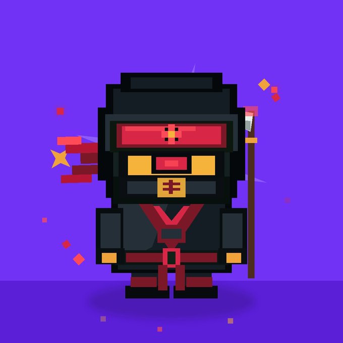 A pixel art illustration of a ninja character in black and red robes holding a staff, set against a purple background.