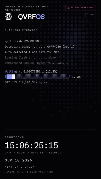 A dark-themed digital interface for "QVRFOS" by Quip Network showing firmware flashing progress at 12.3%, with a countdown timer of 15:06:25:15 until a September 10, 2026 mint on OpenSea.