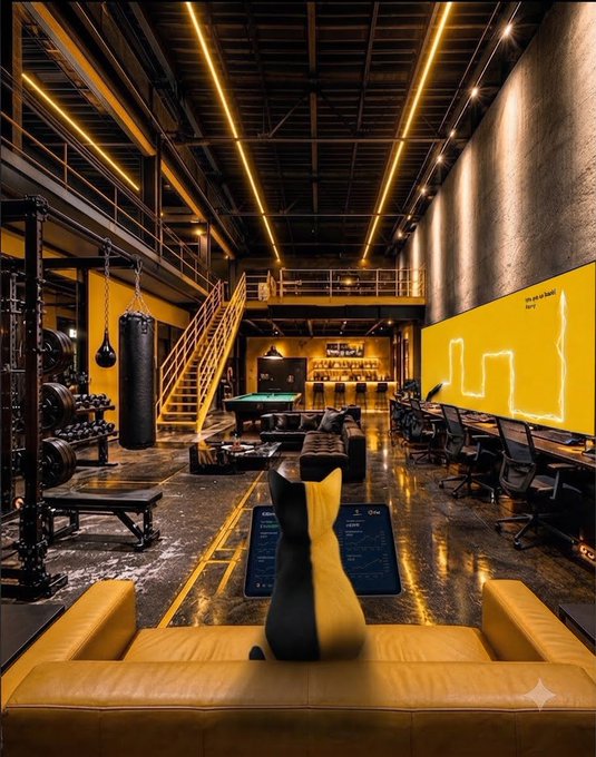 A dark industrial-style interior with yellow neon lighting, featuring a boxing gym with a punching bag, staircase, and gaming/recreational area with a cat silhouette in the foreground.