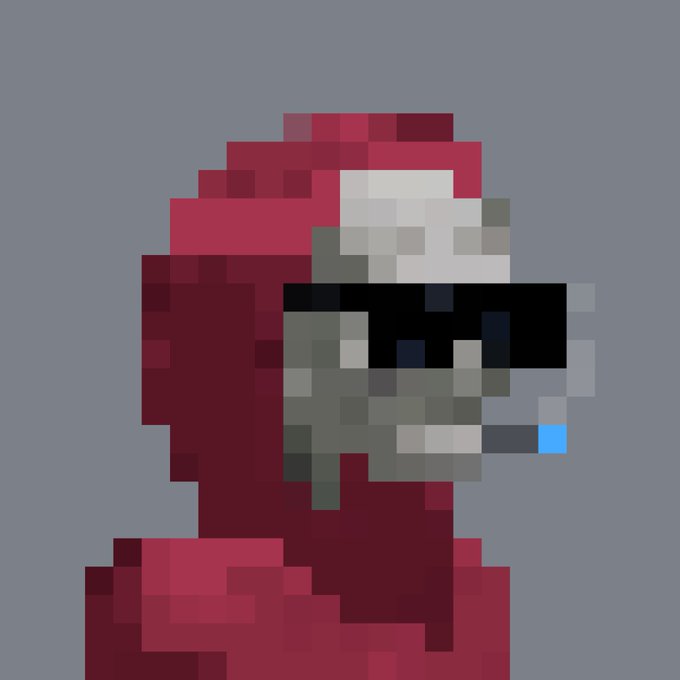 A pixelated red hooded figure with a futuristic VR/gas mask and glowing blue accent appears to represent a digital or cyber persona, fitting the "NFTs on Ethereum" theme by symbolizing the anonymous, tech-driven nature of blockchain-based digital art and crypto culture.