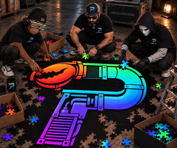 Three workers in branded "PERCOLATOR.TRADE" apparel assemble a large rainbow-colored puzzle on the floor, with one piece shaped like a stylized gun that mirrors the Percolator logo. The image visually represents the "porting" and "piece-by-piece" integration effort described in the post, symbolizing how 140 merged PRs and 240 closed issues are being fitted together to build the platform.
