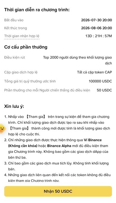 A Vietnamese-language Binance promotional event details running from 2026-07-30 to 2026-08-06, offering a 100,000 USDC reward pool to the top 2,000 traders of CAP token volume (50 USDC each), with a 'Nhận 50 USDC' button.