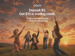 Polymarket promo banner reading 'Deposit $5. Get $15 in trading credit. Credit is non-withdrawable. Profit on it is after 20 days.' over an image of friends jumping at sunset.