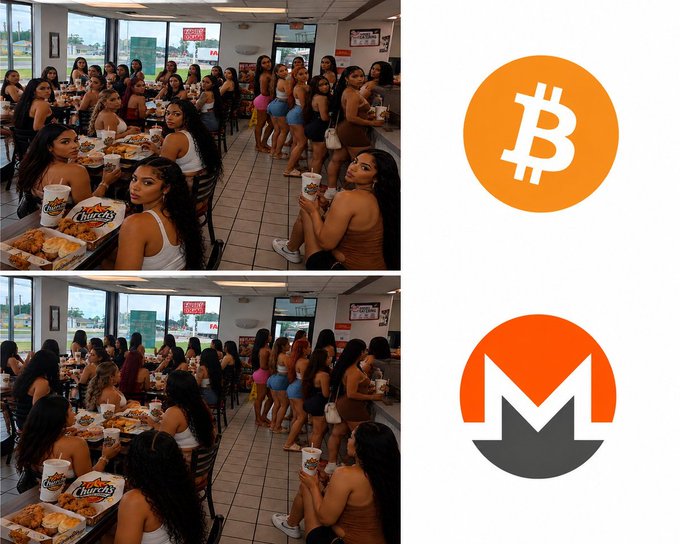 The image shows two nearly identical photos of a crowded Church's Chicken restaurant with many women seated and standing inside, alongside the Bitcoin (orange "B" logo) and Monero (orange "M" logo) cryptocurrency symbols. The comparison visually represents the post's message: Bitcoin transactions, like the open and visible Church's gathering, are transparent and traceable on a public ledger, while Monero transactions, implied by the absence of the privacy-focused logo's counterpart scene, are private and untraceable by default—highlighting that opting out of Bitcoin's transparency doesn't mean using Monero, just as knowing about one restaurant doesn't equate to frequenting it.