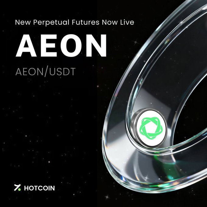 A Hotcoin promotional graphic announces the launch of AEON/USDT perpetual futures trading, featuring the AEON green logo encased in a glass-like sphere against a starry black background, with text highlighting "New Perpetual Futures Now Live" and up to 20× leverage.