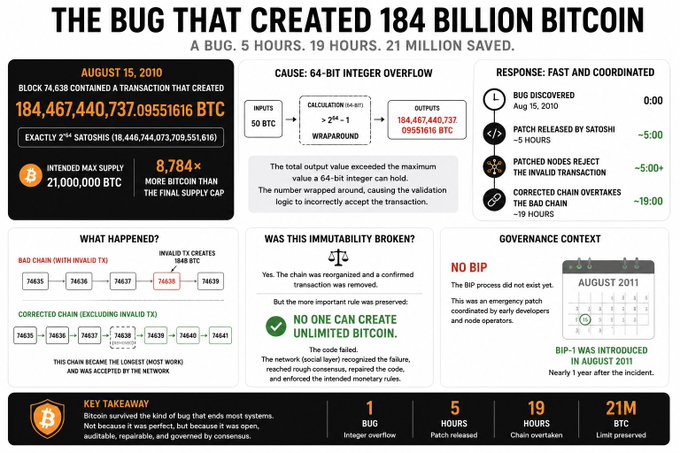 An infographic titled "The Bug That Created 184 Billion Bitcoin" detailing the August 15, 2010 incident in block 74,638, where a 64-bit integer overflow caused the creation of 184,467,440,737.09551616 BTC—8,784× more than Bitcoin's intended 21M cap—before being patched by Satoshi in 5 hours and fully corrected via a chain overtake in 19 hours, preserving nearly all 21M BTC.