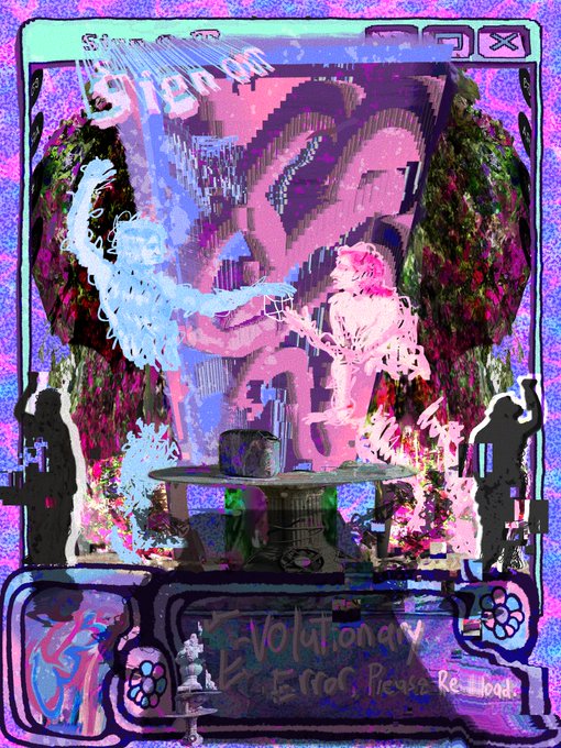 The image is a vibrant, surreal digital collage styled like a glitched retro computer window, featuring a pink-toned face, ethereal ghostly figures, and a central fountain, framed by pixelated borders and silhouettes, with the text "evolutionary" and "ERROR" visible at the bottom. It evokes the "MODERN MONOLITH" theme by presenting a chaotic, otherworldly monument that blends classical and digital aesthetics into a single towering, enigmatic artifact.