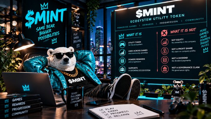 The image features a cartoon bear wearing sunglasses and a gold chain, lounging in an office setting alongside a "$MINT" ecosystem display that clearly outlines what the utility token is and isn't—emphasizing it holds no equity, profit share, dividend, or governance rights. This visual reinforces the post's point about checking what a token actually represents, mirroring the "What It Is Not" disclaimer shown on the board.