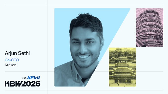 A promotional graphic featuring Arjun Sethi, Co-CEO of Kraken, for KBW2026 with UPbit, showing his photo against a blue background alongside images of Korean architecture and a modern building.