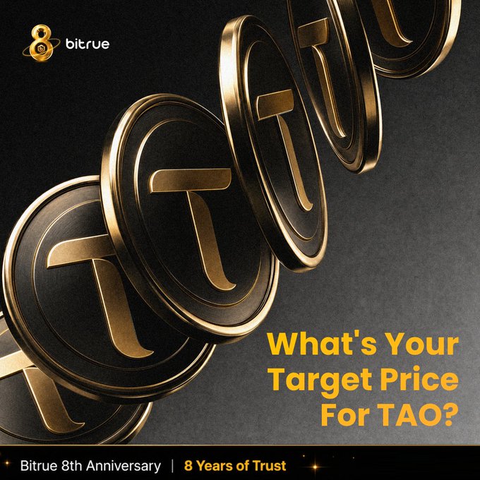 A promotional image from Bitrue celebrating its 8th Anniversary features multiple glossy black and gold coins stamped with the "T" symbol of Bittensor (TAO), arranged diagonally, alongside the headline "What's Your Target Price For TAO?" inviting users to share their price predictions and stake TAO for 7% APR on the platform.