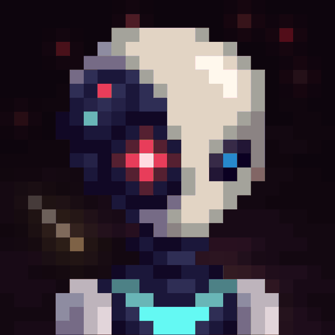 A pixel art portrait of a character with half white, half dark hair, featuring mismatched red and blue glowing eyes and a futuristic outfit against a dark background.