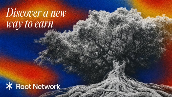 A promotional image for "Root Network" featuring a large grayscale tree against a colorful blue, orange, and yellow background with the tagline "Discover a new way to earn" in white text.
