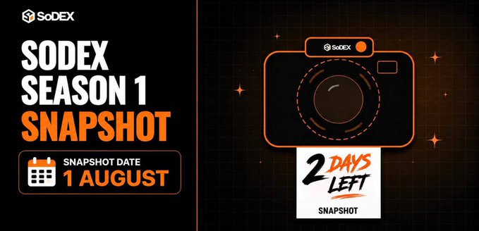 A promotional banner for "SODEX SEASON 1 SNAPSHOT", featuring a dark background with orange accents, the SoDEX logo, a date of "1 AUGUST", and a camera icon with a "2 DAYS LEFT SNAPSHOT" tag.