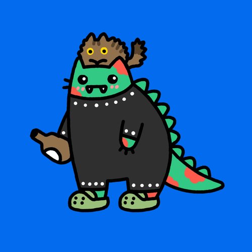 A cartoon illustration of a green-faced character in a black outfit with spikes and a tail, holding a small brown creature, set against a blue background.