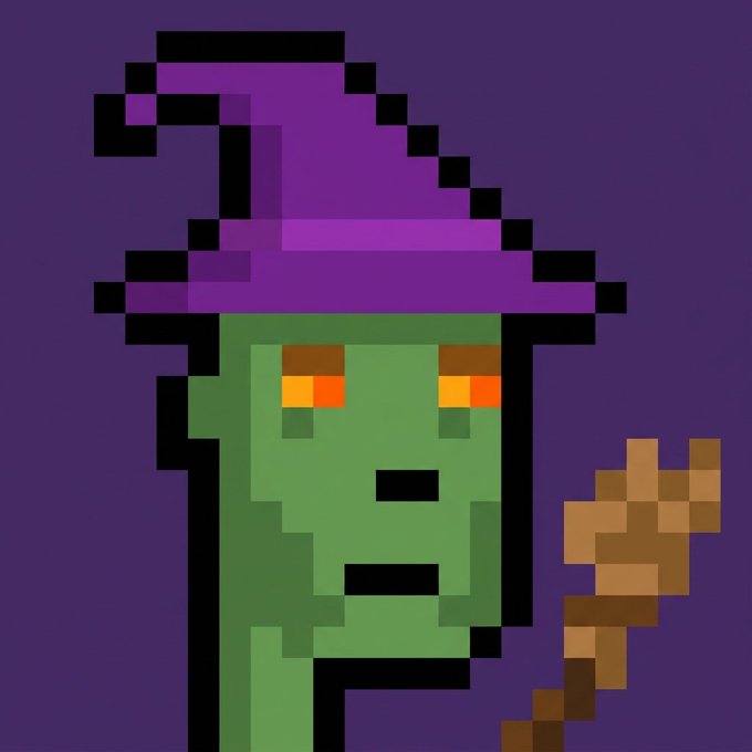 A pixel art illustration features a green-skinned character wearing a purple witch hat and holding a wooden staff, representing the "RobinWitches" referenced in the giveaway post. The Halloween-themed image ties into the crypto promotion for Robinhood App NFT land drops.
