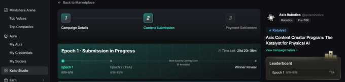 A dashboard from the Axis Content Creator Program 'Katalyst for Physical AI,' showing 'Epoch 1 - Submission in Progress' with camp details, content submission, and payment settlement steps.