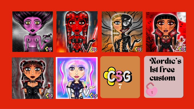 A grid of six stylized female character illustrations labeled 'CSG', with a text box stating 'Nordic's 1st free custom' on a red background.