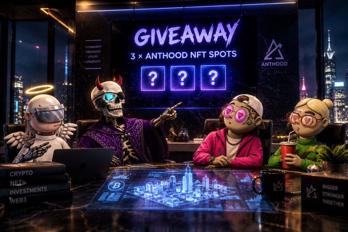 A digital artwork of a 'GIVEAWAY' for '3 x ANTHOOD NFT SPOTS' displayed on a screen, with four cartoon characters—including a devil skeleton—sitting around a table featuring 'Crypto,' 'NFT,' 'Investments,' and 'Web3' branded boxes.