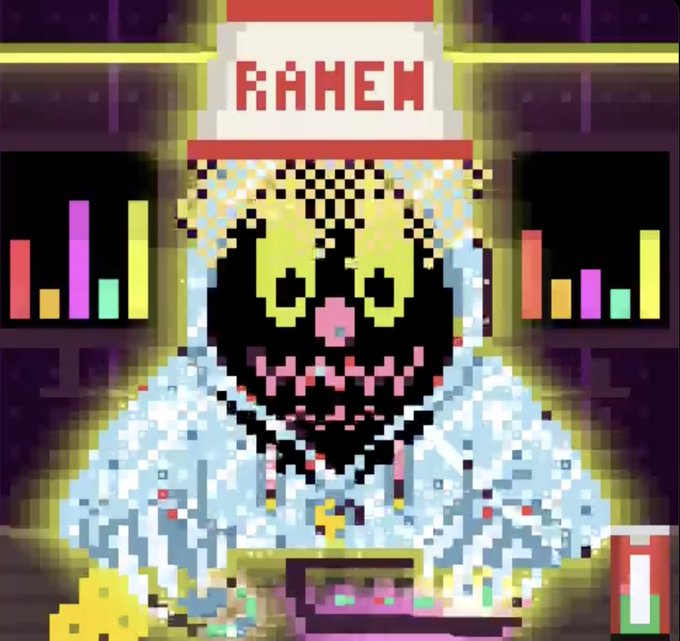 A pixel art illustration depicts a character wearing a Ramen-branded chef hat, working at a counter with colorful bottle displays in the background.