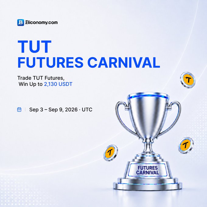 A promotional graphic for Biconomy.com's 'TUT FUTURES CARNIVAL' trading event running Sep 3-Sep 9, 2026, featuring a silver trophy with TUT coins and offering up to 2,130 USDT.