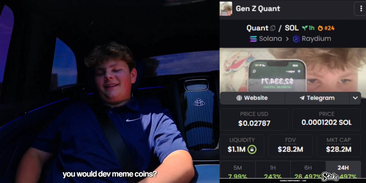 A young man in a blue Nike polo shirt sits in a car with subtitle 'you would dev meme coins?', shown alongside a crypto trading interface displaying 'Gen Z Quant' token on Solana with price $0.02787, 1h change of 243%, and 24h change of 497%, with 'Gamble Responsibly / FAD' watermark.