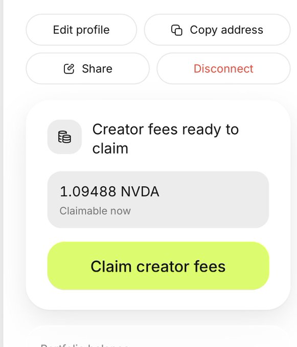 A mobile app interface showing profile options (Edit profile, Copy address, Share, Disconnect) and a section for claiming creator fees of 1.09488 NVDA with a green 'Claim creator fees' button.