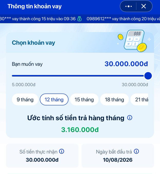 A Vietnamese loan information app screen titled "Thông tin khoản vay" showing a loan selection of 30.000.000đ over 12 months with an estimated monthly payment of 3.160.000đ.