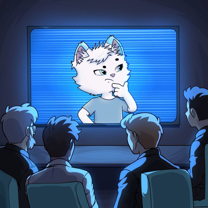 The image shows a fluffy white cat-like character with a thoughtful, contemplative expression displayed on a large screen, while an audience of people in suits watch from below in a dimly lit room. The accompanying post about Mortals NFT holders receiving Phase 1 access to Unvault's Genesis Bugz collection and ChogNFT WL spots ties into the image's theme of evaluating opportunities, with the cat appearing to carefully consider the NFT investments being presented.