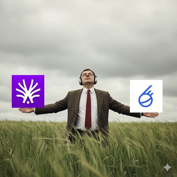 A photo of a man in a brown suit, white shirt, and red tie wearing headphones with arms outstretched in a field of tall grass under cloudy skies, balancing the purple logo of AI company Anthropic on one hand and the blue logo of web browser Brave on the other.
