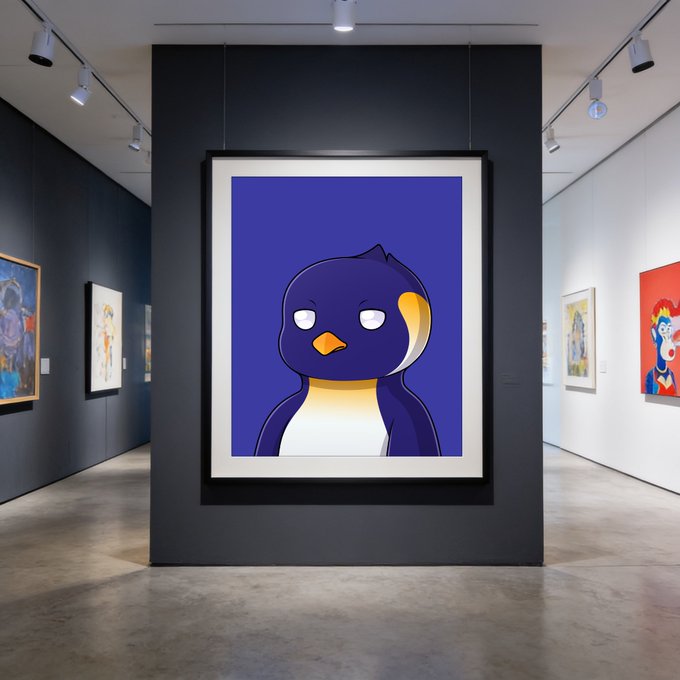 The image shows a penguin painting hanging on a wall, with a black frame surrounding it. The penguin appears to be looking directly at the camera, giving an impression of curiosity or interest. The background features several other paintings displayed throughout the gallery space, creating an atmosphere of artistic appreciation and creativity.