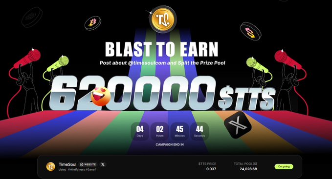 A promotional banner for 'BLAST TO EARN' by TimeSoul featuring a $62,000 $TTS prize pool, a countdown timer (04 days, 02 hours), and microphone graphics with crypto logos.