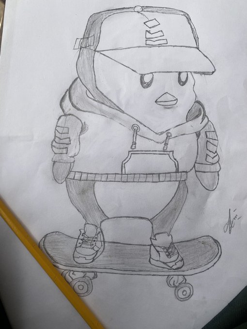 A pencil sketch of an anthropomorphic duck character wearing a baseball cap, hoodie, and sneakers, standing on a skateboard.